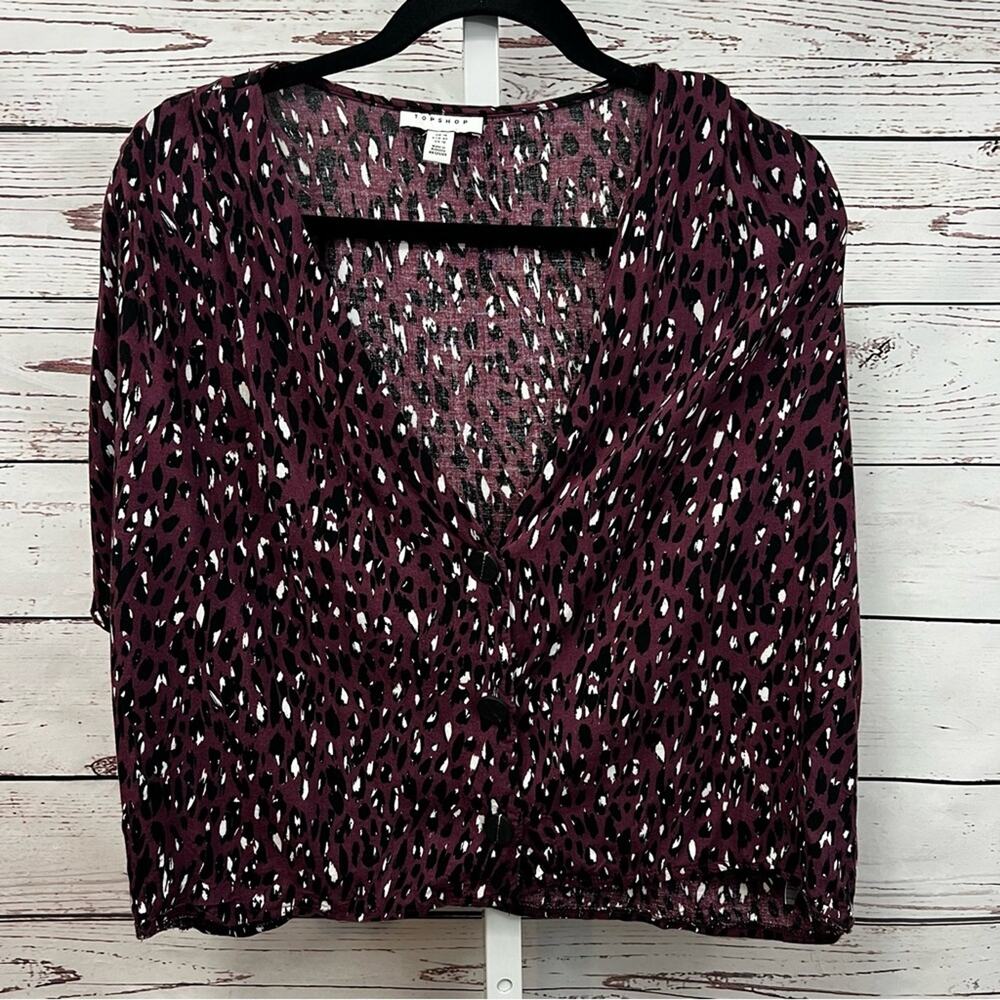 Topshop Burgundy Leopard Print Button Front Cropped Short Sleeve Blouse US10